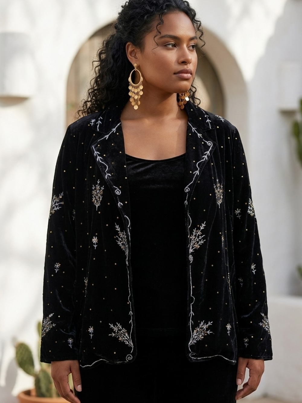 lovestitch Black Embroidered Velvet Blazer With Silver Details